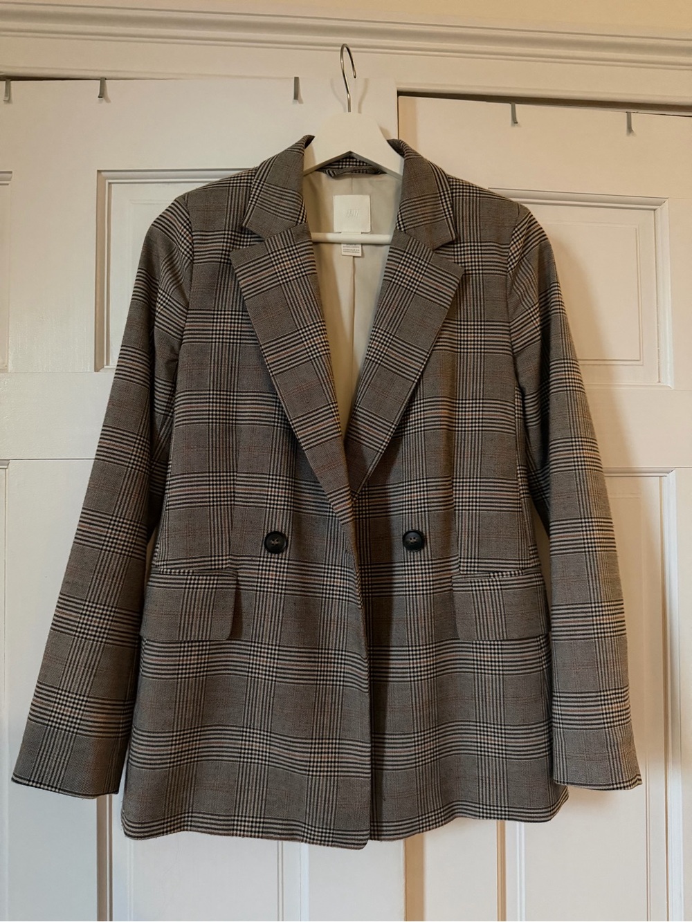 H&M Plaid Double-Breasted Blazer Jacket - Brown, Brown